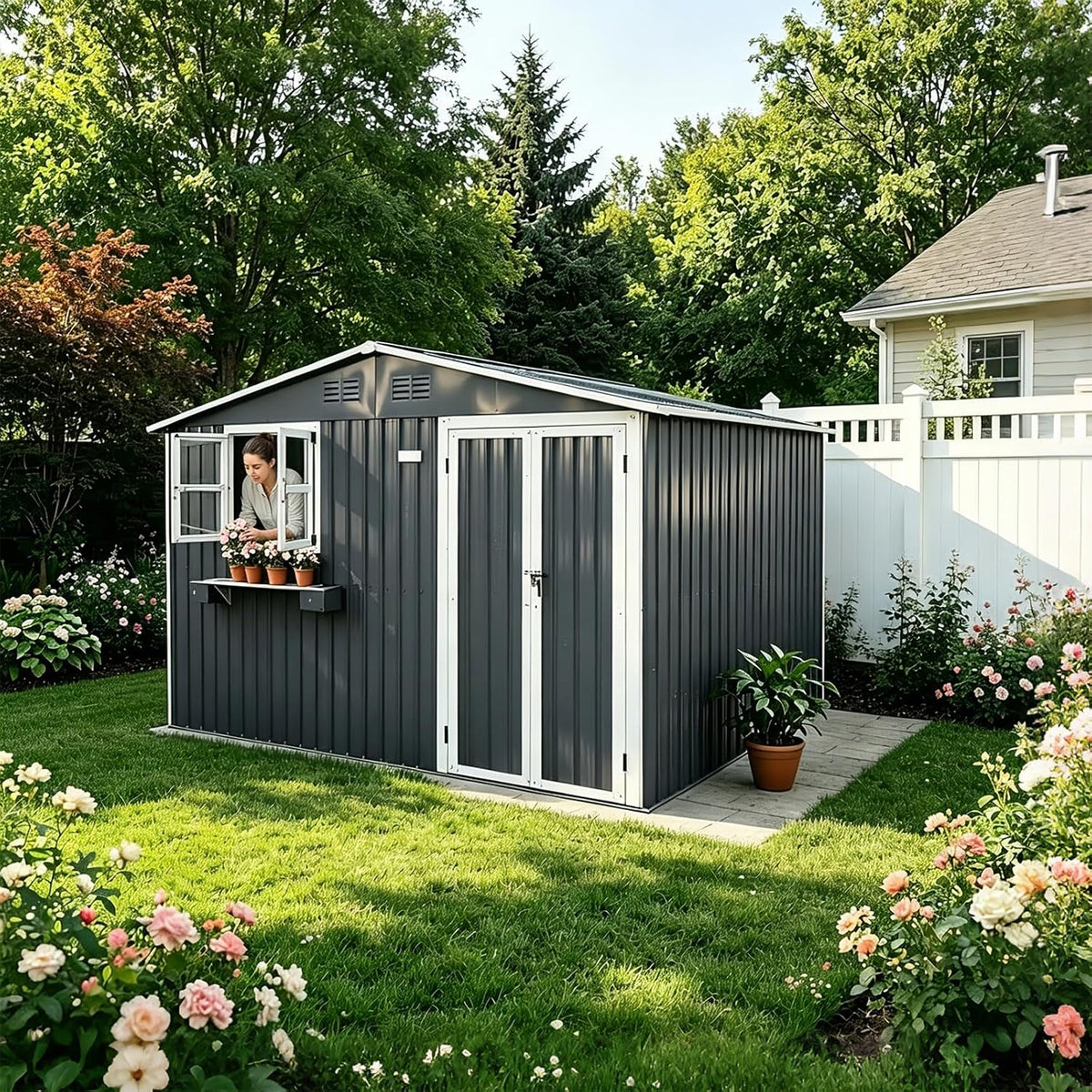 10x8 FT Outdoor Storage Shed with 2 Clear Windows, Metal Garden Shed with Flower Racks & Baskets, Outside Tool Shed with Lockable Double Doors, Waterproof Storage Building for Backyard, Coal Gray