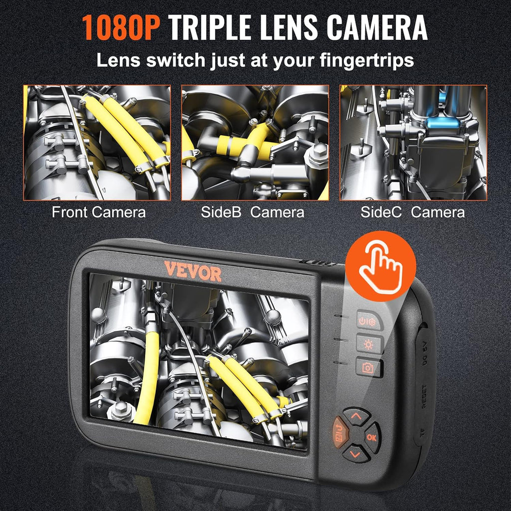 vevor triple lens endoscope camera, 4.5" ips screen, close-up detail