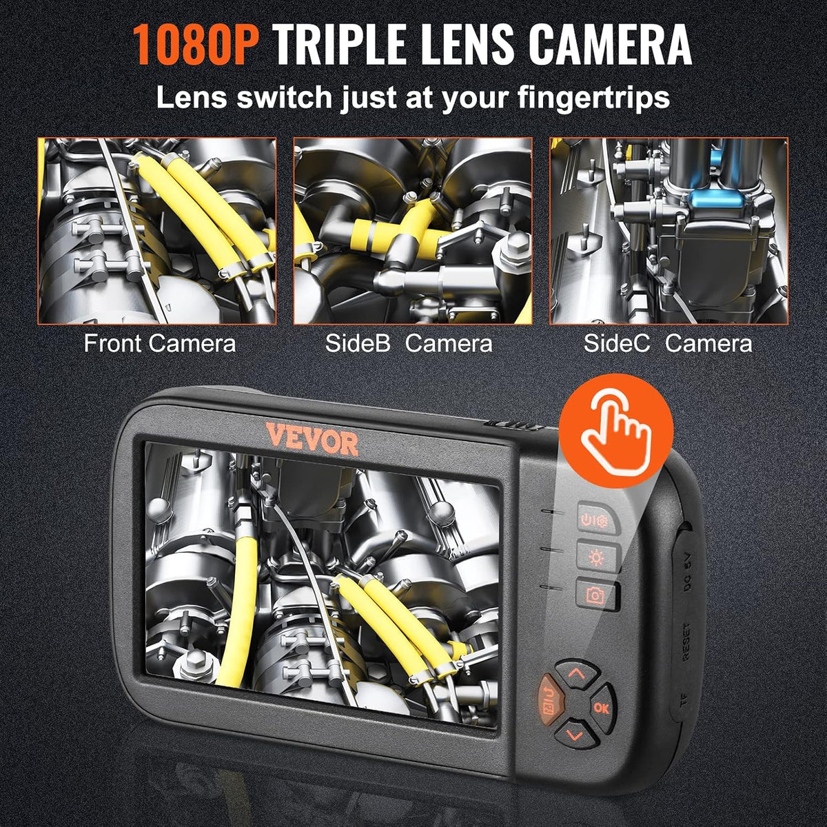 vevor triple lens endoscope camera, 4.5" ips screen, close-up detail