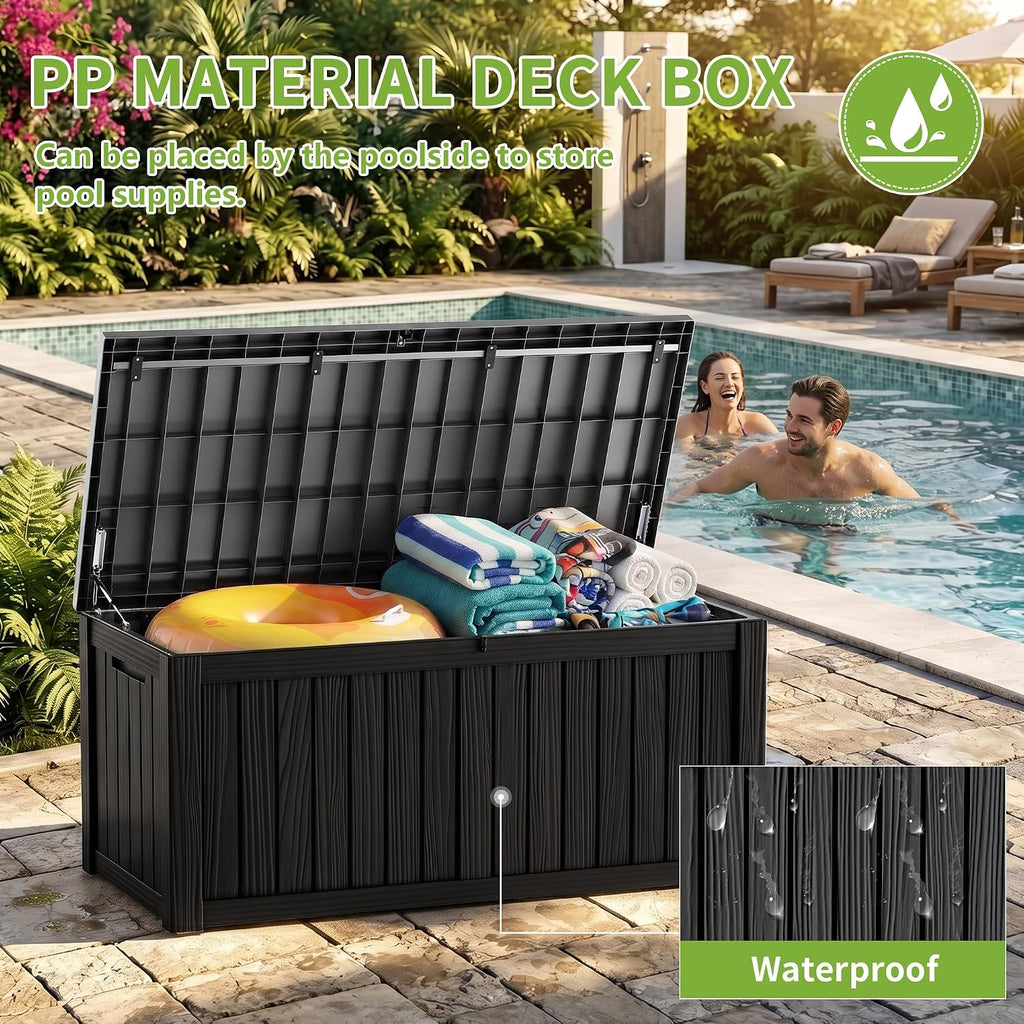 rojik 170 gallon waterproof outdoor deck storage box shown in use