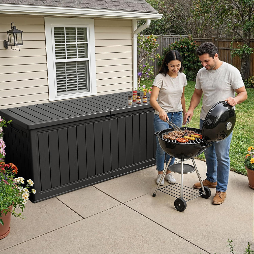 270 gallon hdpe deck box outdoor indoor waterproof shown in use