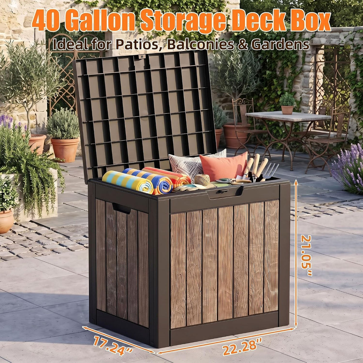 40 gallon outdoor deck box, lockable waterproof resin shown in use