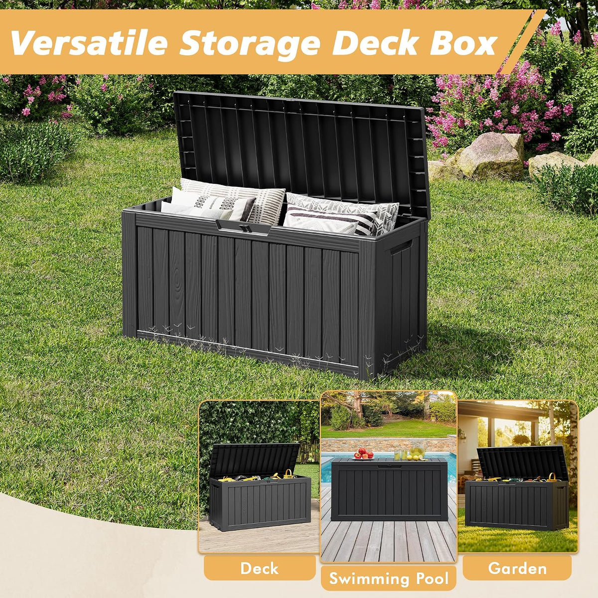 fancyango 85 gallon large outdoor storage deck box showing dimensions