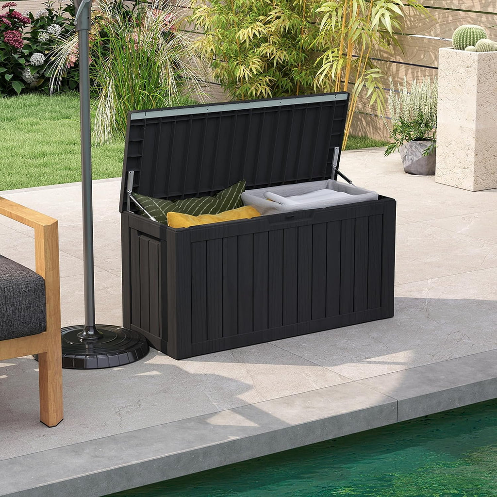 80 gallon deck boxes outdoor waterproof, outdoor storage on a desk or shelf
