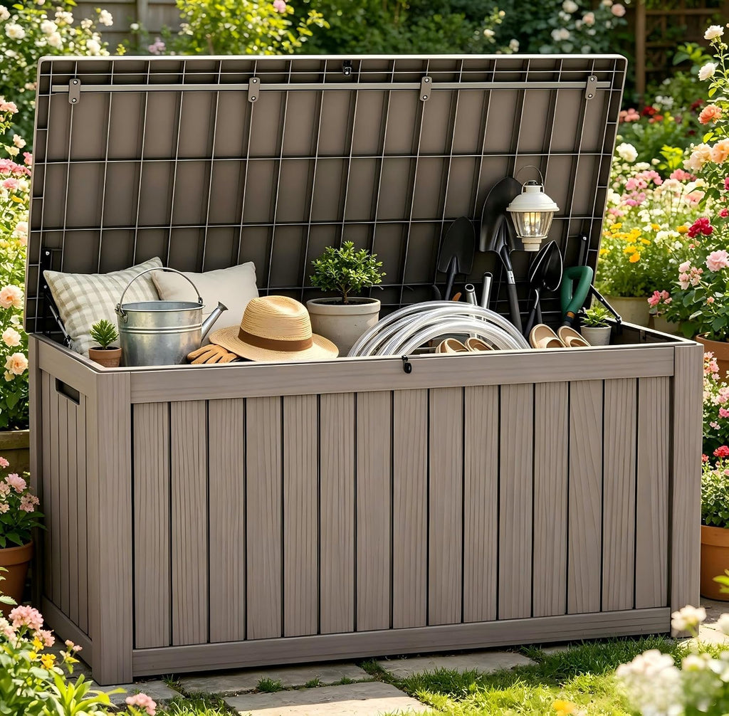 Outdoor Storage Box Resin Deck Box Waterproof Gray Brown 270 Gallon