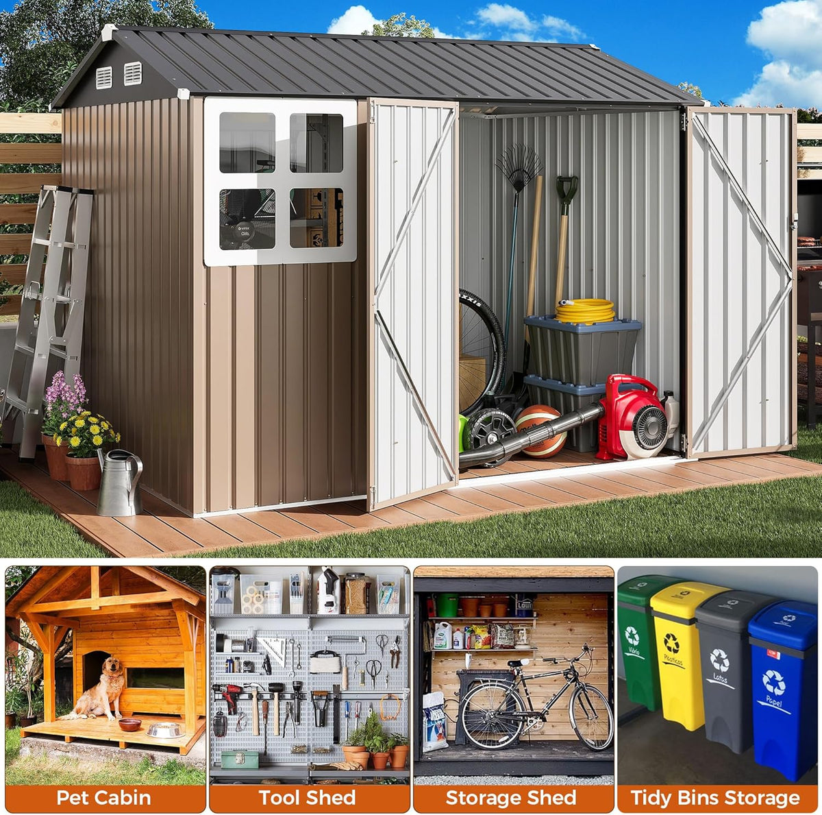 IRONCK 8x6FT Outdoor Storage Shed with Clear Window, Outdoor Shed, Brown