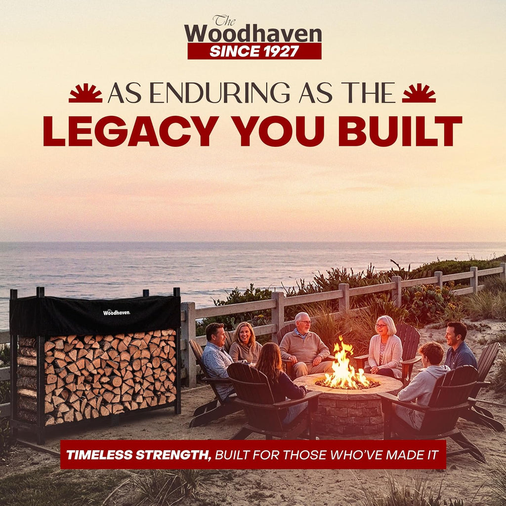 woodhaven 6-foot raised firewood rack black w/cover, 1/3 shown in use