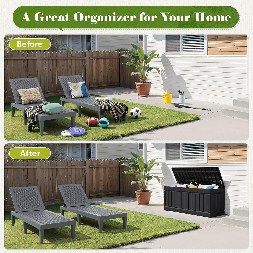 flamaker outdoor storage box 80 gallon resin waterproof showing dimensions