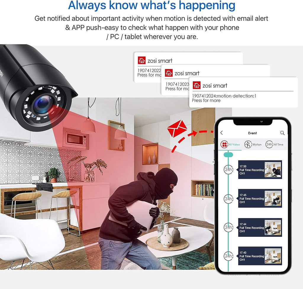 zosi 1080p home security camera system, 4x wired, close-up detail