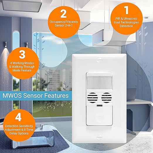 Enerlites MWOS-W Motion Sensor Switch, Ultrasonic and PIR Dual Technology