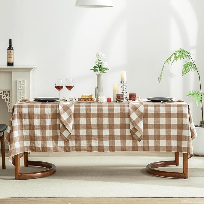 EVERLY 100% Yarn-Dyed Linen Rectangle Tablecloths 60x108Inches for Dining,Buffet Parties,Picnic,Events and Restaurants,Decorative Halloween,Thanksgiving Machine Washable Tablecloths-Brown Plaid