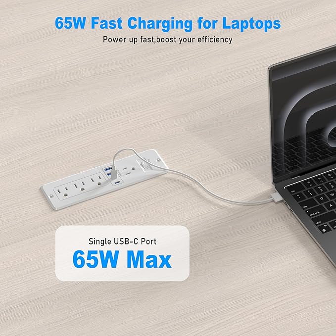 65W USB C Recessed Power Strip, Flush Mount Desktop Recessed Outlet