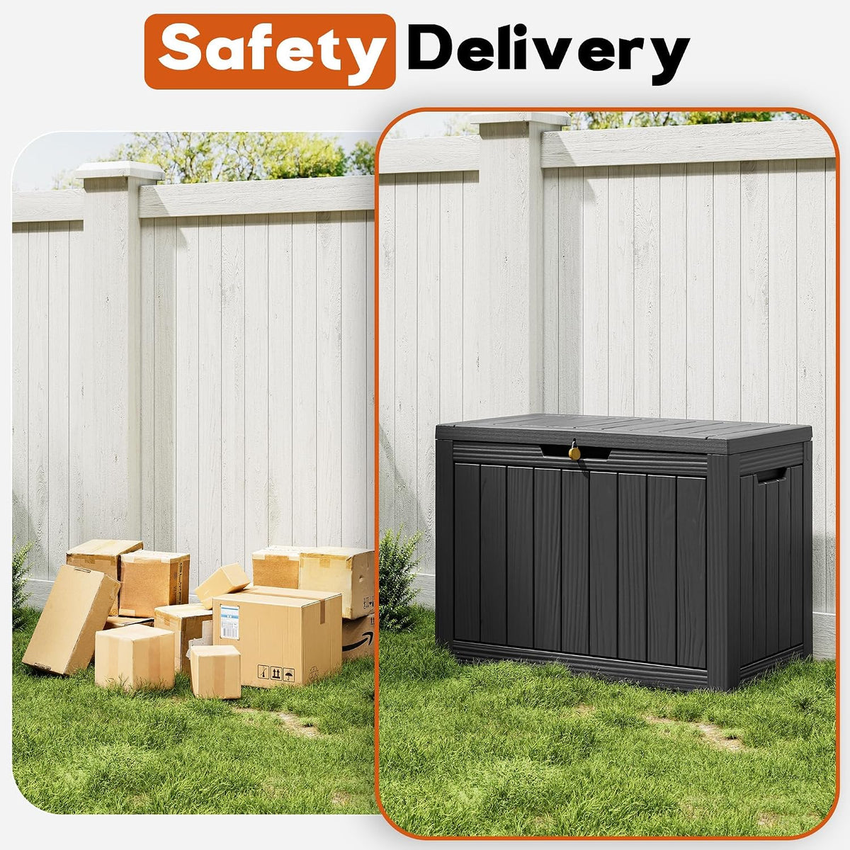 outdoor storage box, resin deck boxes outdoor, waterproof, side view