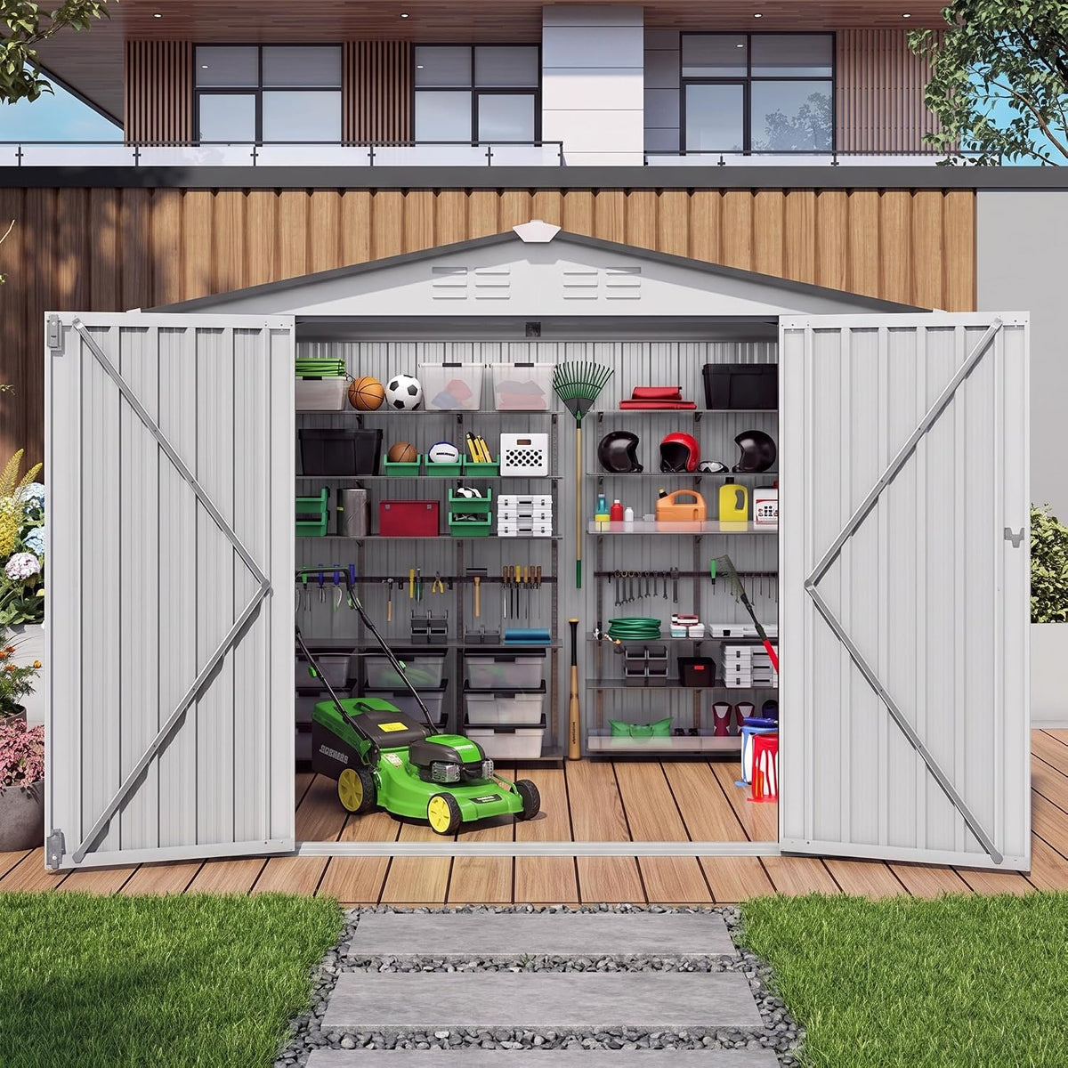 8X6 FT Outdoor Storage Shed, Metal Garden Shed (White + Gray)