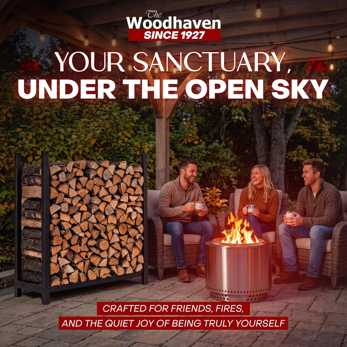woodhaven 4-foot black raised firewood rack, 1/4 cord shown in use