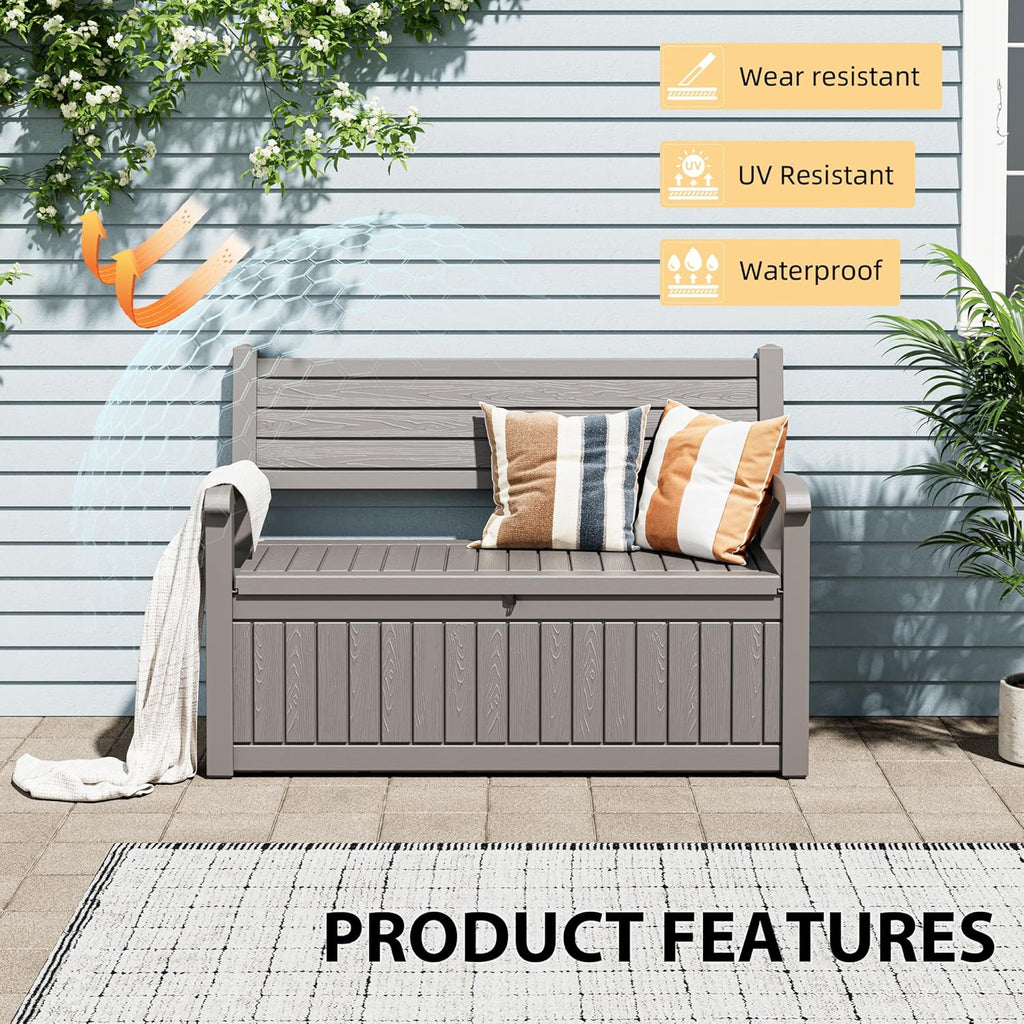 80 gallon lockable deck bench with storage, resin showing dimensions