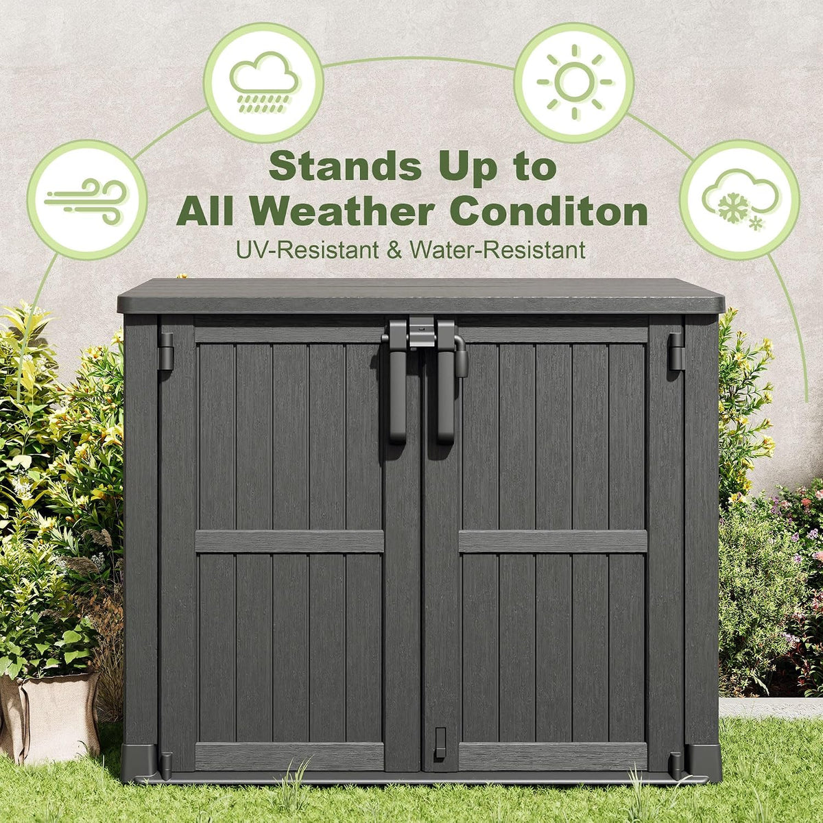 36 cu ft horizontal resin storage shed, weatherproof, side view