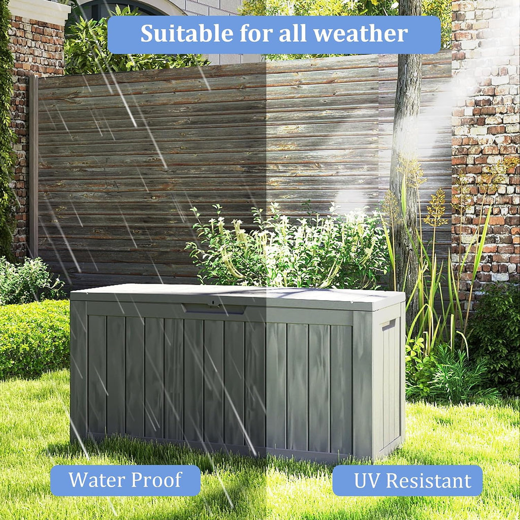 90 gallon outdoor storage with wheels, lockable waterproof showing dimensions