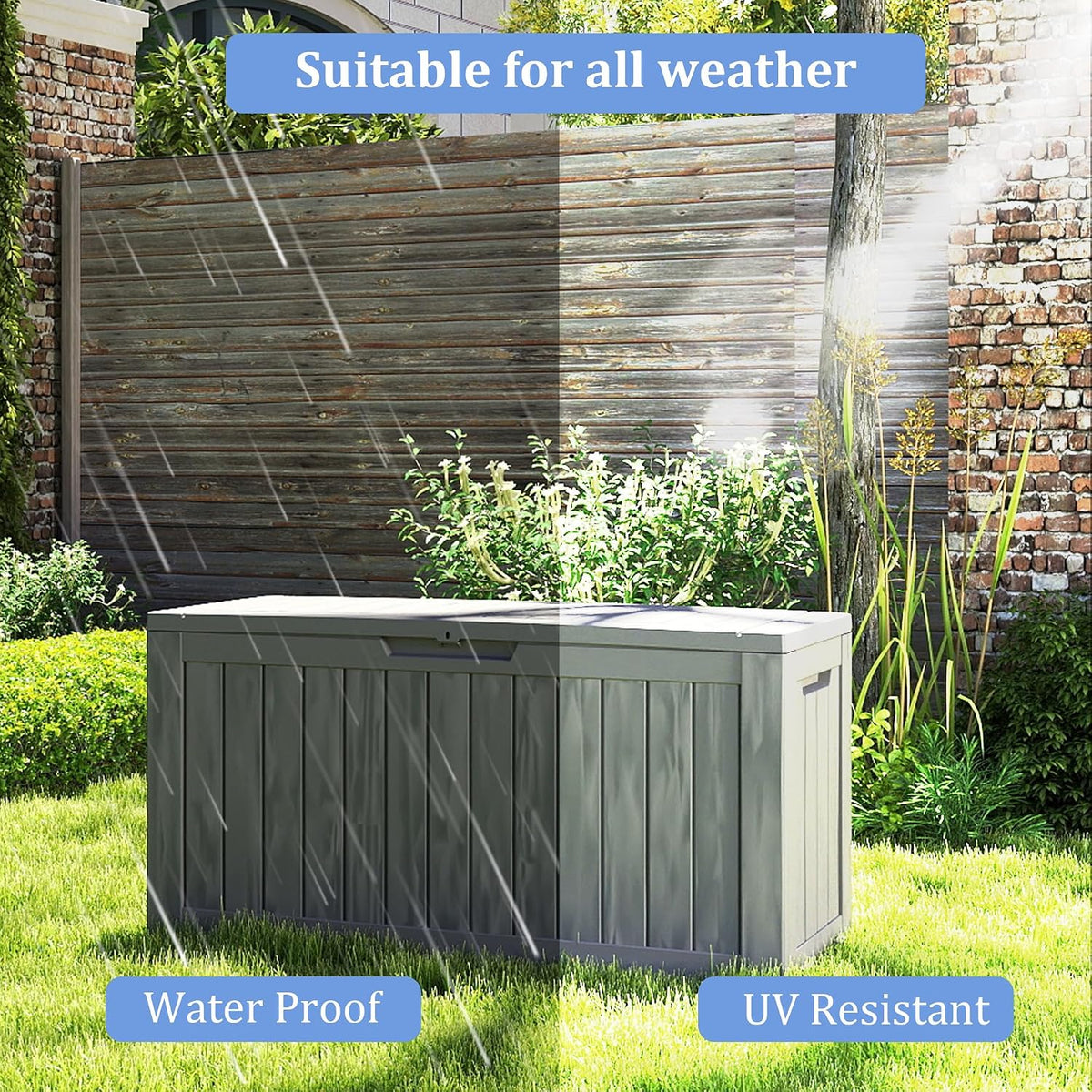 90 gallon outdoor storage with wheels, lockable waterproof showing dimensions