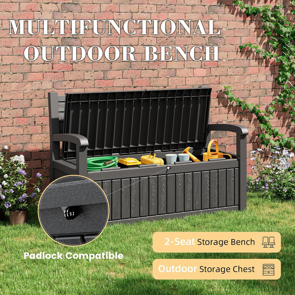 80 gallon lockable deck bench with storage, resin, close-up detail