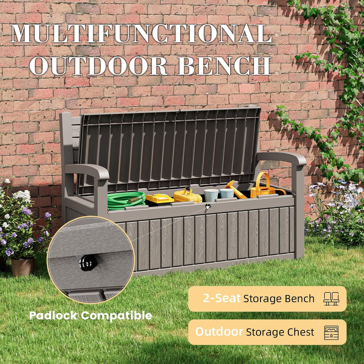 80 gallon lockable deck bench with storage, resin, side view