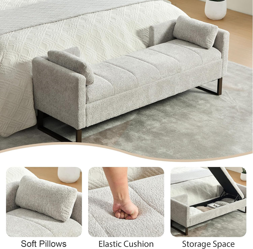 64" W Storage Benches End of Bed Bench, Light Gray
