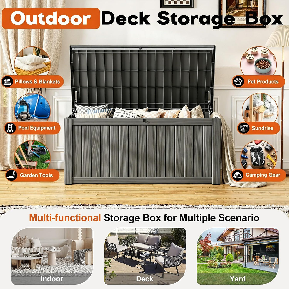 outdoor deck storage box,waterproof grey,260 gallon, package contents