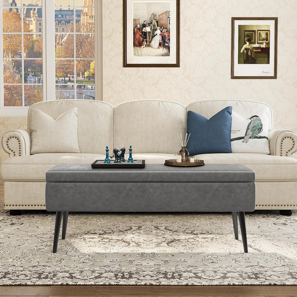 IDEALHOUSE Storage Ottoman Bench, Ottoman Foot Rest, Mid-Century Modern, Stitching and Synthetic Leather, Dual Safety Hinges, 670 LBS Load, End of Bed Bench for Bedroom, Living Room, Entryway, Grey
