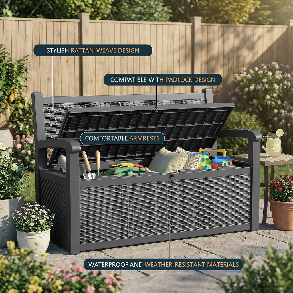drato 75 gallon storage bench deck box outdoor, side view