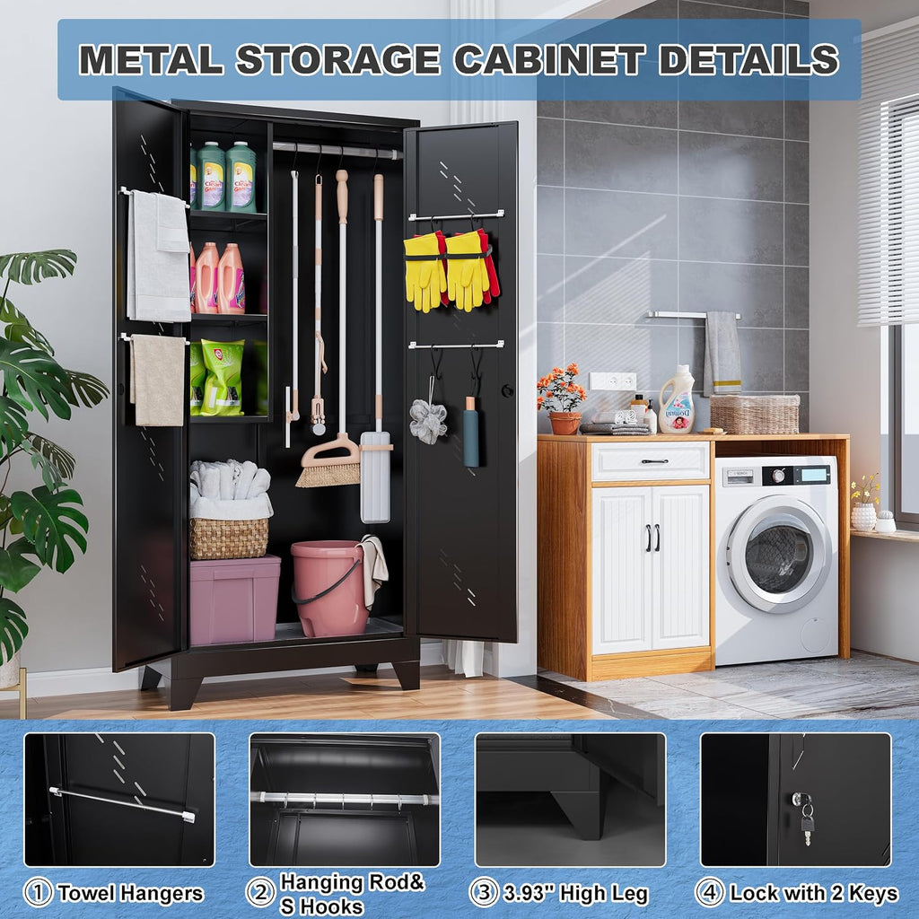 75" metal storage cabinet with lock, heavy-duty steel showing dimensions