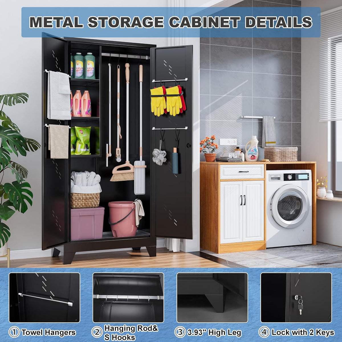 75" metal storage cabinet with lock, heavy-duty steel showing dimensions