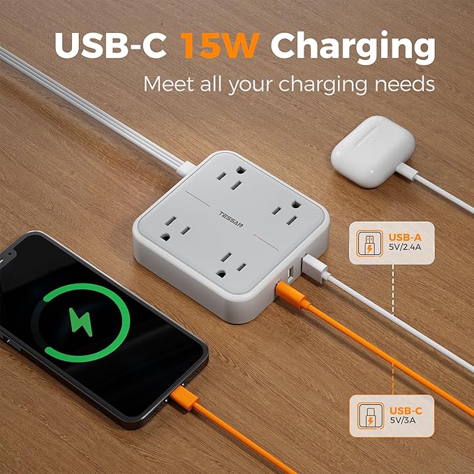 Surge Protector Long Extension Cord 25FT, TESSAN Flat Plug Power Strip