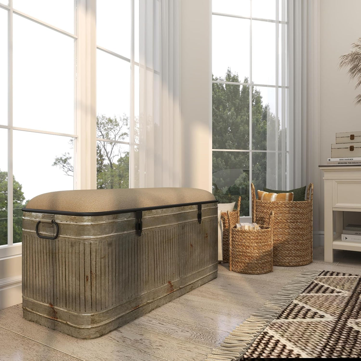 Deco 79 Metal Room Storage Bench Galvanized Entryway Bench with Cream Burlap Top and Black Latches, Bench 38" x 16" x 19", Gray