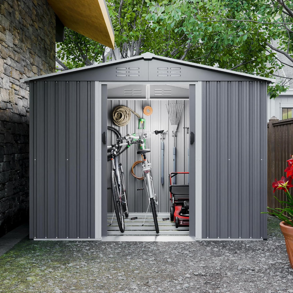 YOPTO 8X6 FT Outdoor Storage Shed with Roof,Waterproof House Tool Cabinet W/Metal Foundation & Lockable Doors,for Shovels,Umbrellas,Antennas,Escalators,Gray