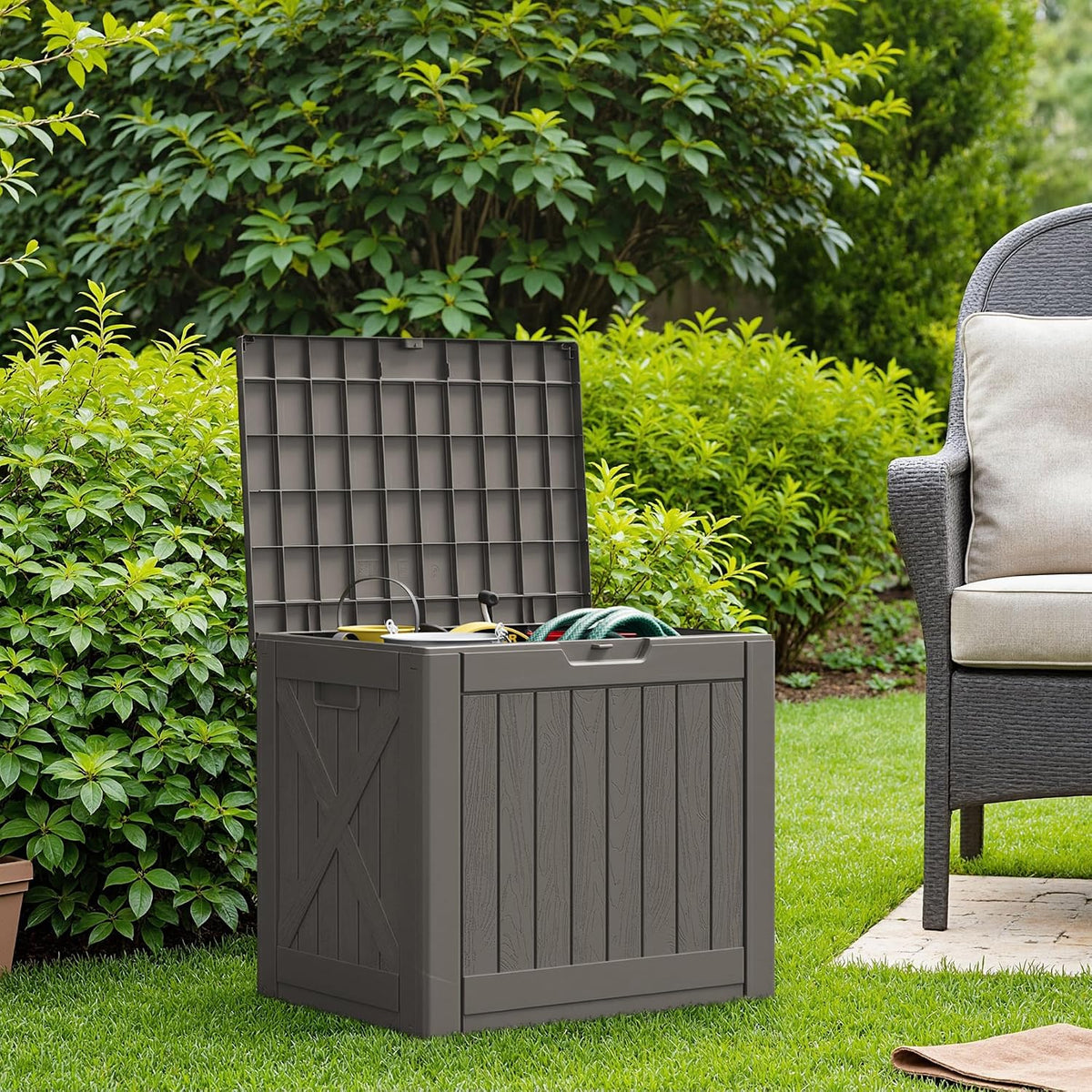 flamaker resin deck box 40 gallon waterproof outdoor, side view