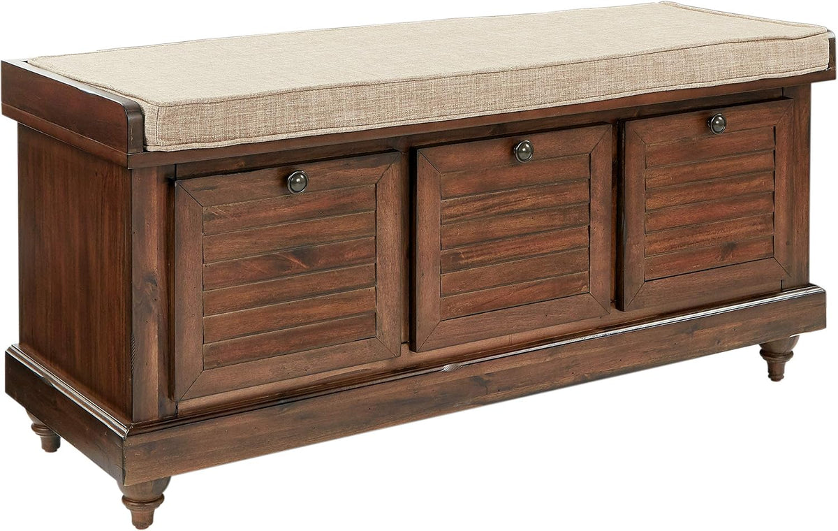 OSP Home Furnishings Dover Coastal Lift-Top Storage Bench with Shutter Face Styling, Distressed Brown Finish with Beige Linen Fabric Cushion