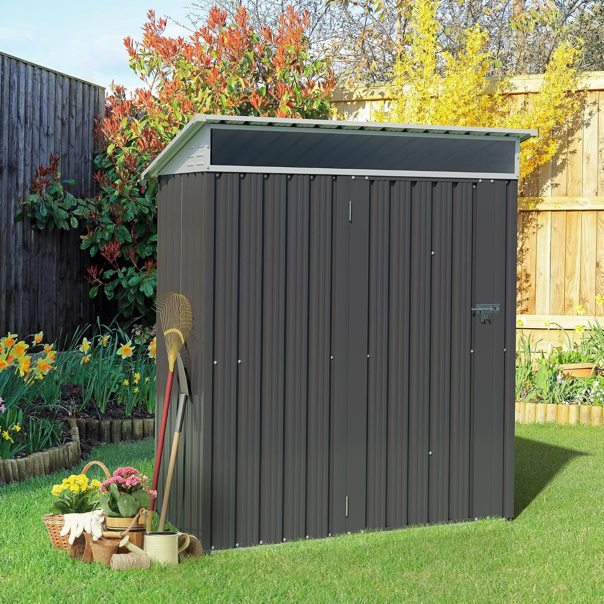 Vongrasig 5 x 3 x 6 FT Outdoor Storage Shed Clearance, Metal Garden Shed with Large Window and Lockable Door, Anti-Corrosion Waterproof Tool Shed for Backyard Patio, Lawn (Dark Gray)