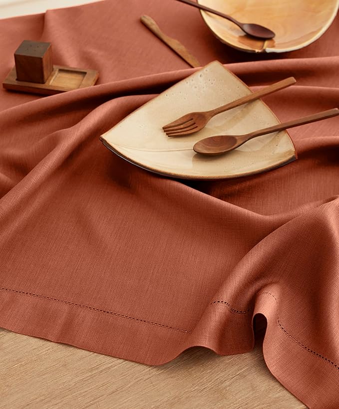 Solino Home Linen Tablecloth 60 x 156 Inch - Classic Hemstitch 100% Pure Linen Cinnamon Table Cloth for Rectangle Tables - Machine Washable Tablecloth for Fall, Autumn, Halloween, Thanksgiving