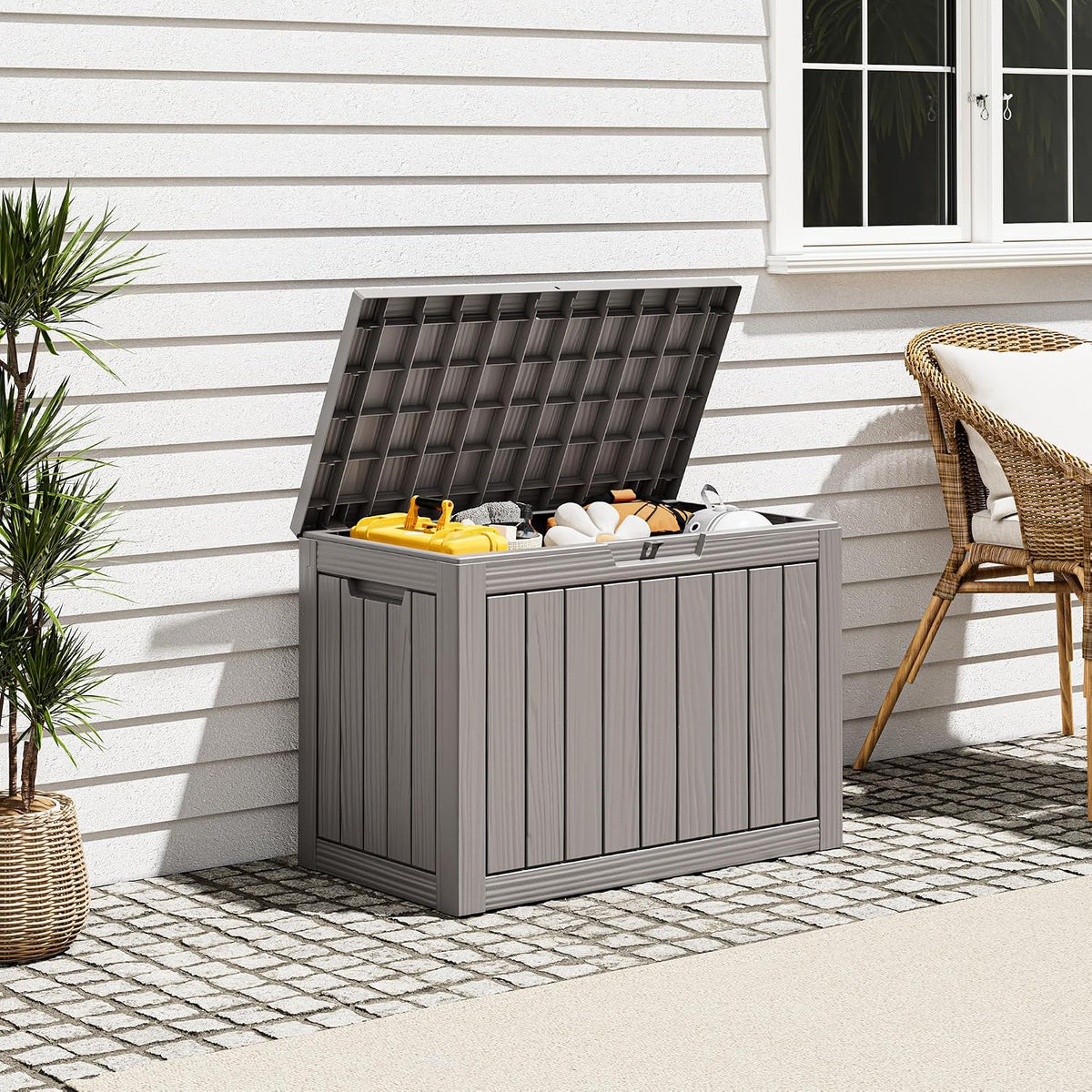 waterproof outdoor storage box, resin patio bin,50 gal,grey showing dimensions