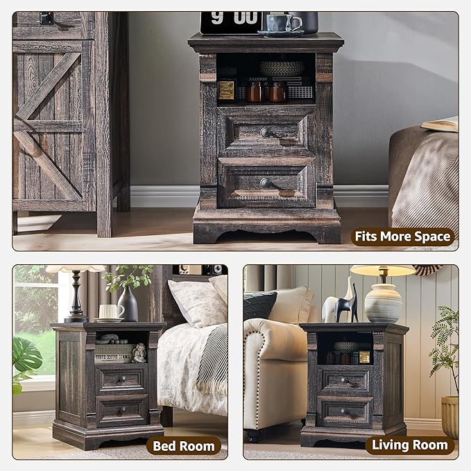 Farmhouse Nightstand with Charging Station, Wooden Sofa Side Table w/Roman