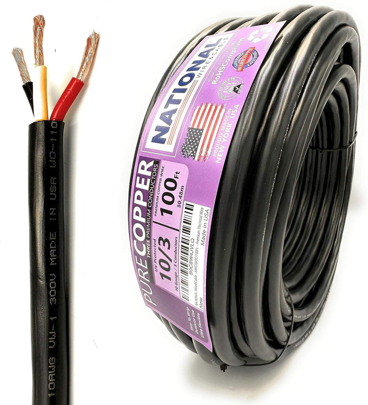 NATIONAL Wire & Cable – 10 AWG 3-Conductor Premium Copper Wire, 100 ft