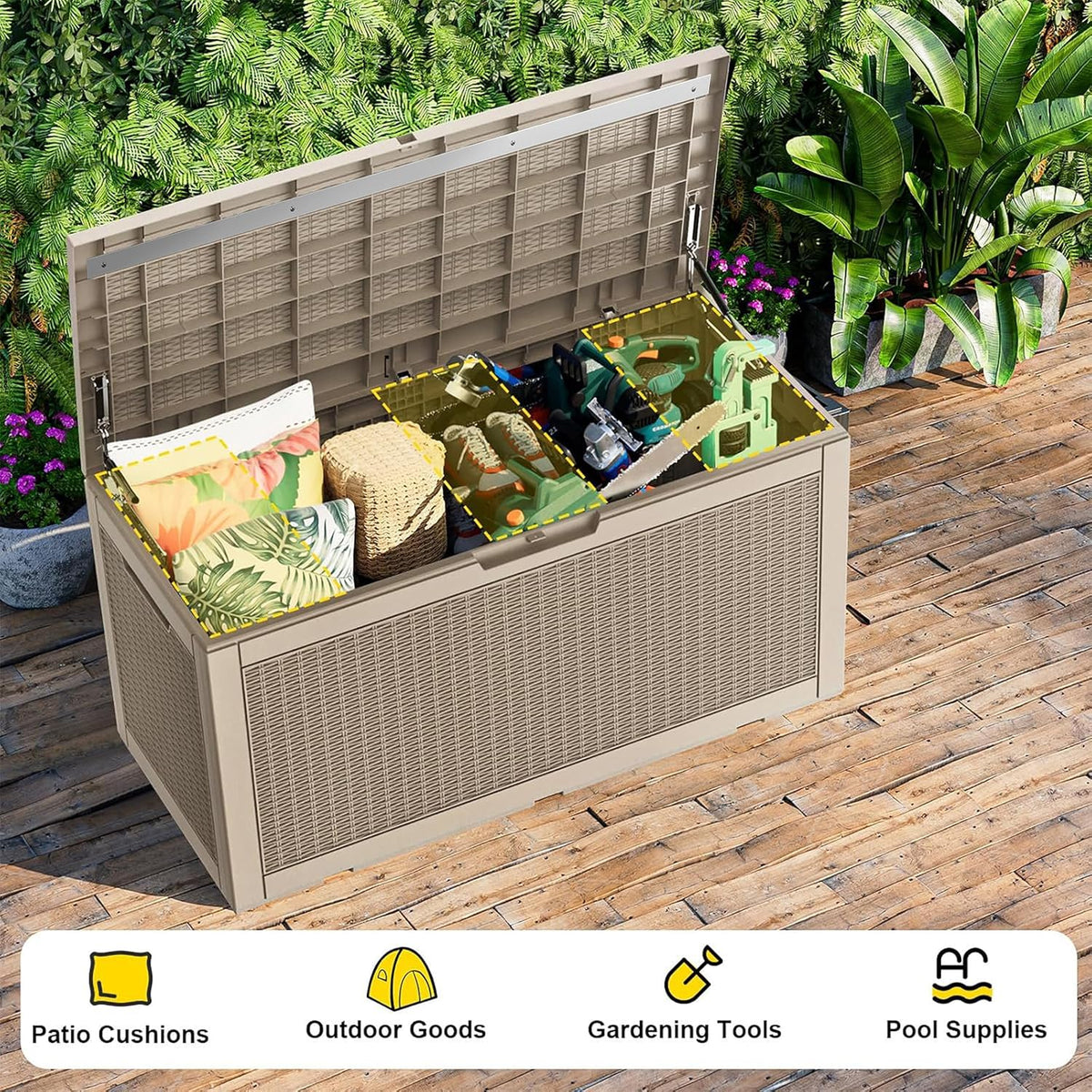 patiozen 150 gallon resin deck box, lockable patio, side view