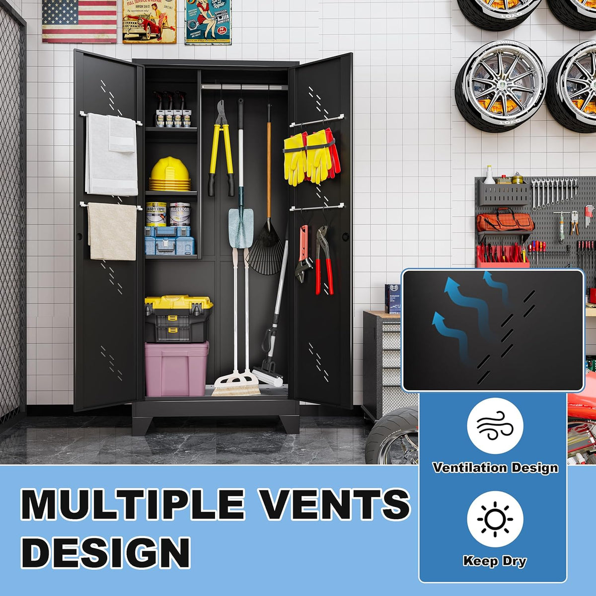 75" metal storage cabinet with lock, heavy-duty steel, side view