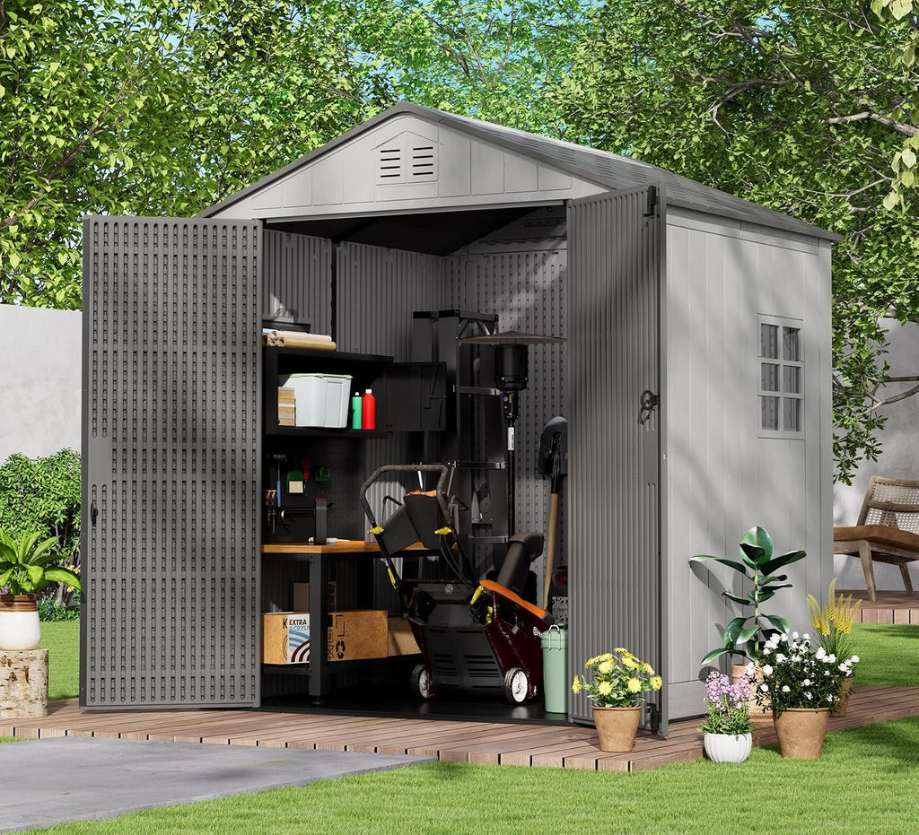 homspark outdoor storage shed 6x6 ft, all-weather resistant shown in use