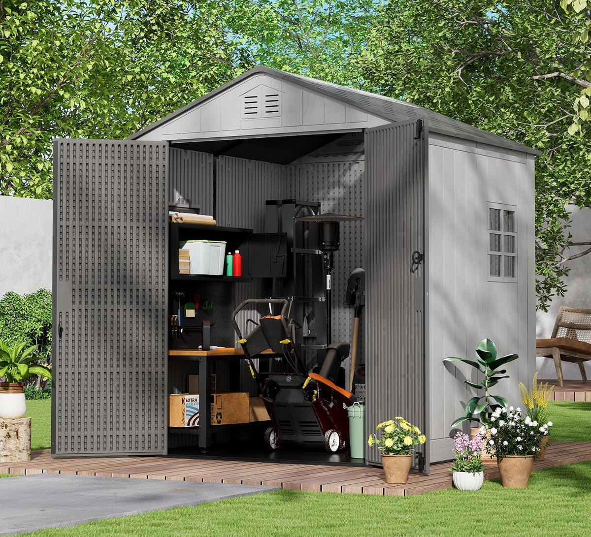 homspark outdoor storage shed 6x6 ft, all-weather resistant shown in use