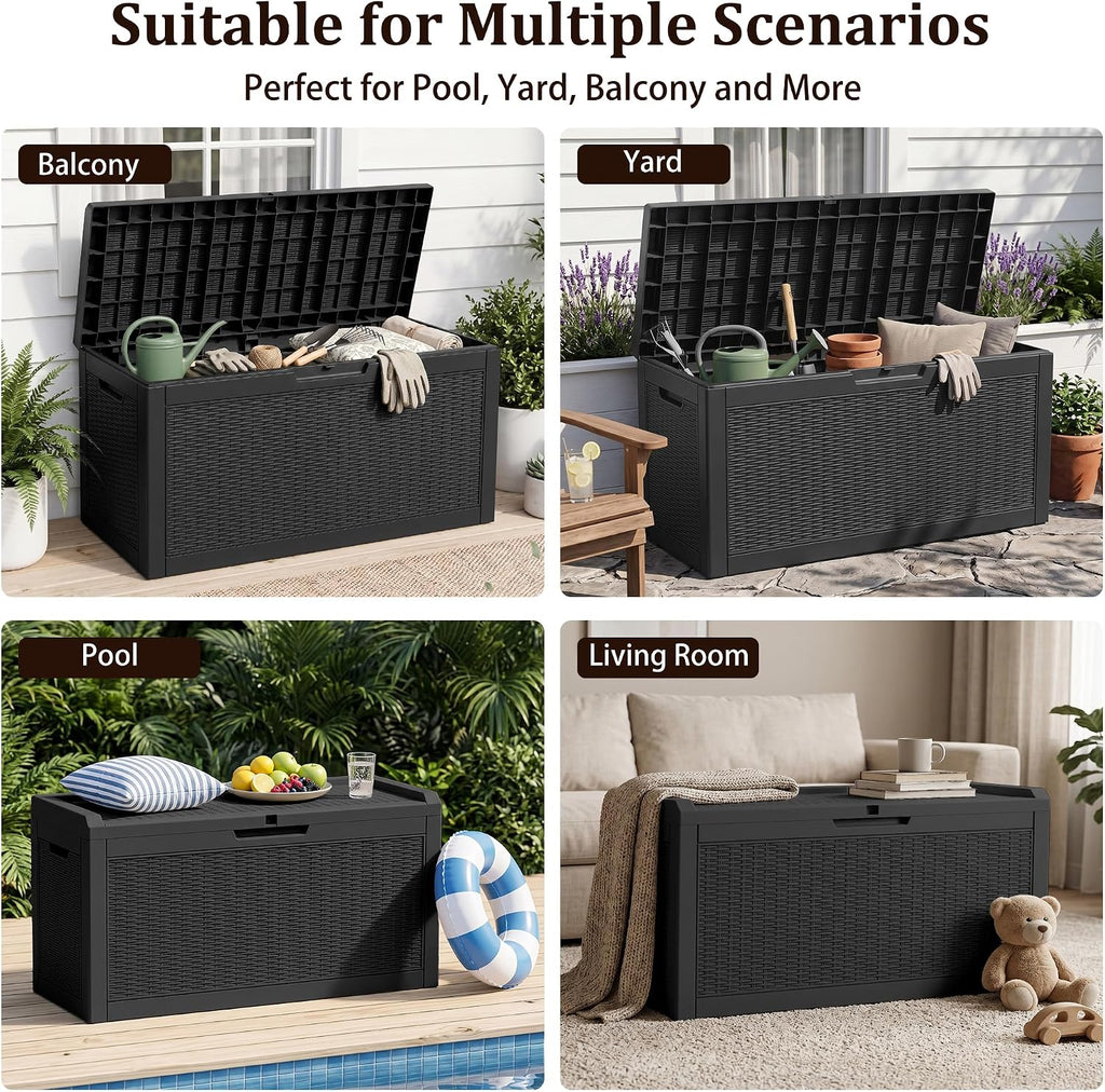 outdoor storage box,80 gallon lockable deck box,black, front angle view