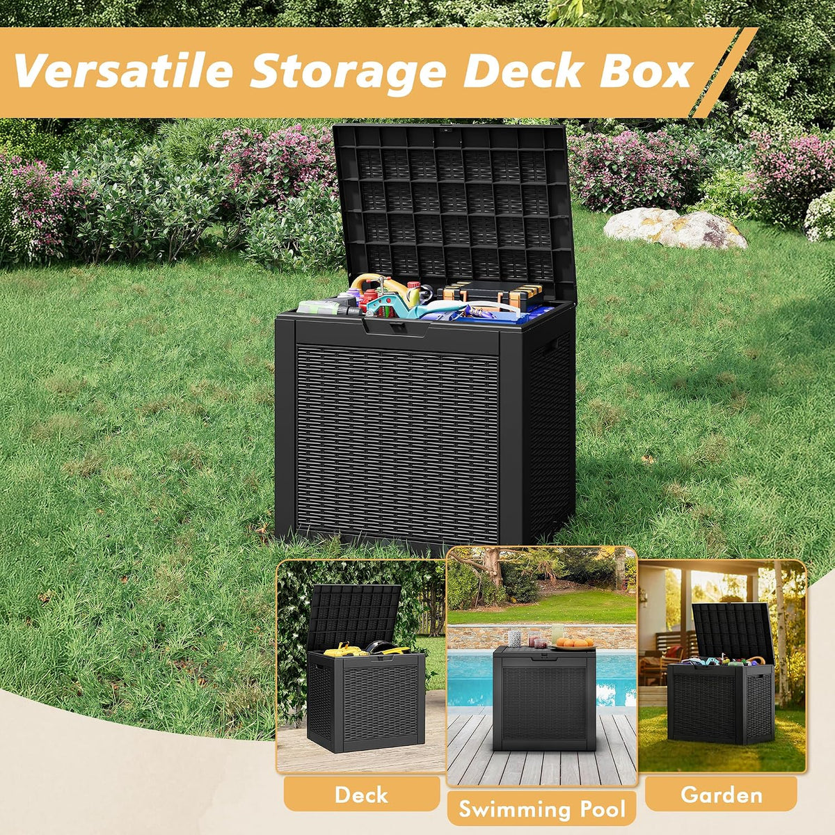 fancyango 32 gallon outdoor storage deck box waterproof, package contents