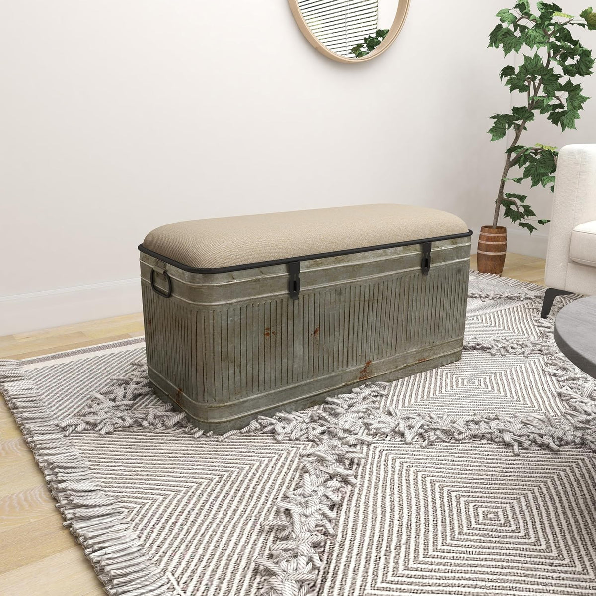 Deco 79 Metal Room Storage Bench Galvanized Entryway Bench with Cream Burlap Top and Black Latches, Bench 38" x 16" x 19", Gray
