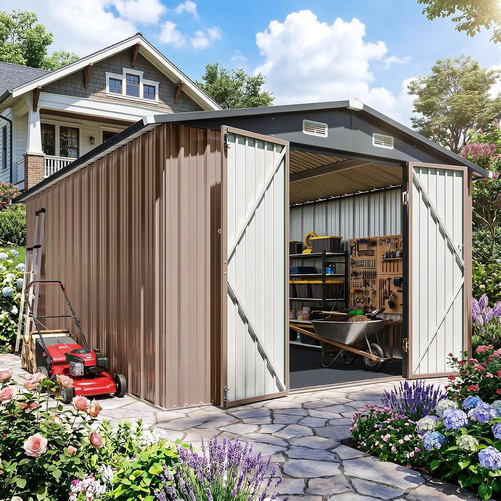 10x12FT Outdoor Storage Shed with Floor Brown