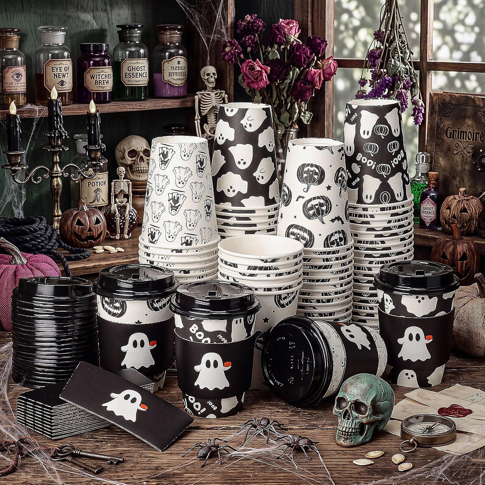 Suclain 100 Sets Halloween Disposable Coffee Cups with Lids & Sleeves, 12...